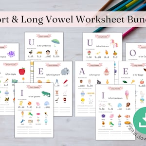Vokal-Arbeitsblatt-Bündel, lange und kurze Vokale, Homeschool-Arbeitsblätter für Kinder, Montessori-Vokalarbeit, kurze Vokallaute, Kindergartenspiele