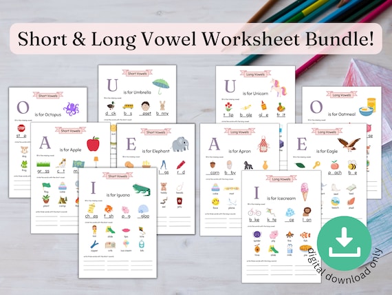 Vowel Worksheet Bundle, Long and Short Vowels, Homeschool Worksheets for Kids, Montessori Vowel Work, Short Vowel Sounds, Kindergarten Games