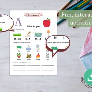 May include: A printable worksheet for learning the short vowel sound "a" with an apple illustration and activities like filling in missing vowels, circling words with the short "a" sound, and writing words with the short "a" sound.