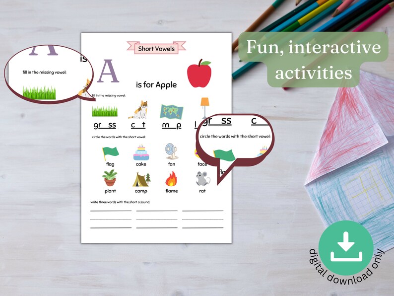 May include: A printable worksheet for learning the short vowel sound "a" with an apple illustration and activities like filling in missing vowels, circling words with the short "a" sound, and writing words with the short "a" sound.