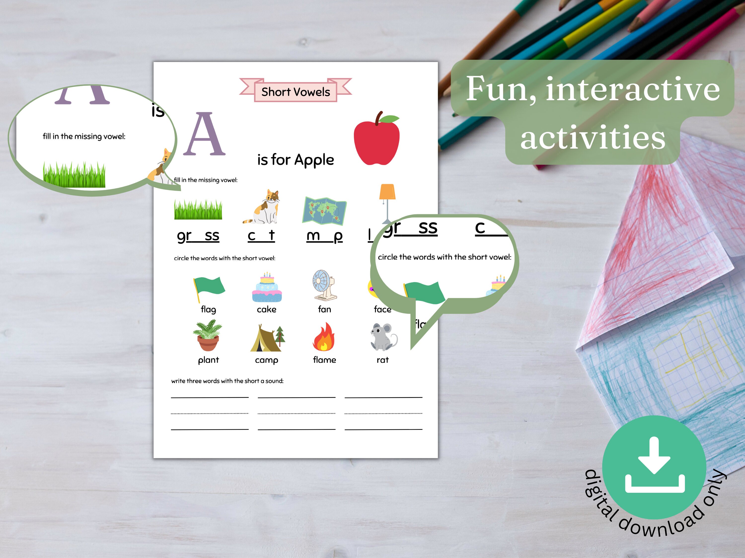 Short Vowel Activity Sheets, Homeschooling Worksheets for Kids