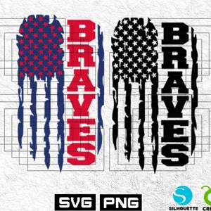 May include: A digital design featuring a distressed American flag with the word "BRAVES" written vertically in red and black letters.