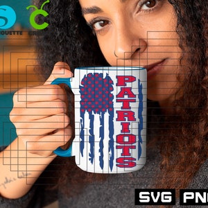 May include: White ceramic mug with a blue and red American flag design and the word "PATRIOTS" in red letters. The mug has a blue handle.