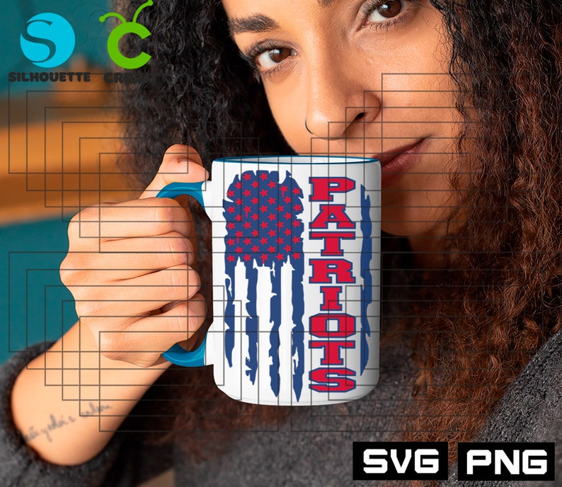 May include: White ceramic mug with a blue and red American flag design and the word "PATRIOTS" in red letters. The mug has a blue handle.