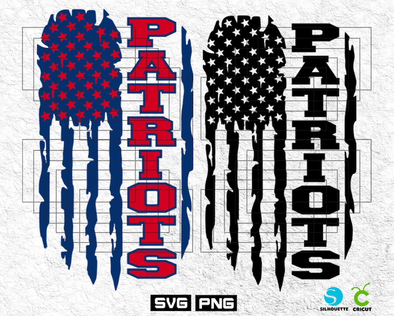 May include: Two distressed American flag designs with the word "PATRIOTS" in bold red and black letters. The flags are in red, white, and blue and black and white.