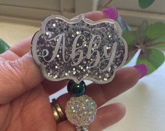 Glitter badge reel personalized gift ID holder beaded badge reel retractable badge reel nurse teacher gift