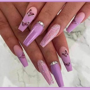 33| 24 pcs| Purple butterfly | Nails Press On| Press On Nail Medium Coffin| Coffin Press On Nail| Short Nails| Fake Nail | Gifts | Reusable
