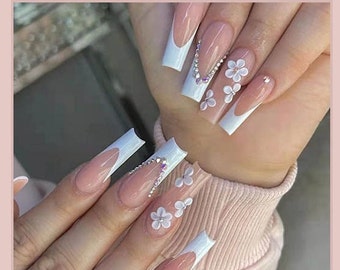 10| 24 pcs|  White Flower French Tip  | Nails Press On| Press On Nail Medium Coffin| Coffin Press On Nail| Short Nails| Fake Nail | Gifts |