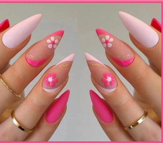Curved Pink Marble Stiletto Nails – StyleMissus