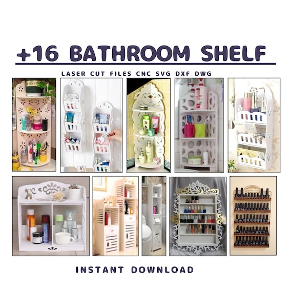 16 Bathroom Shelf CNC Files | Laser Cut Storage Rack (svg, dxf, dwg)