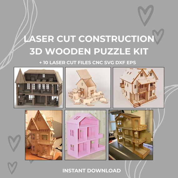 10 Dollhouse Laser Cut Files | 3D Wooden Puzzle Kit (SVG, DXF, EPS)