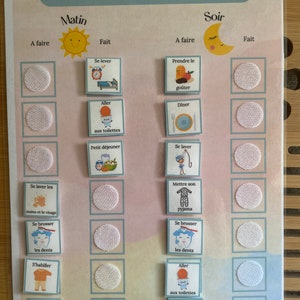 Peut inclure: Un tableau coloré avec des images et du texte en français, intitulé "Ma routine". Le tableau est divisé en deux sections : "Matin" et "Soir". Chaque section a une colonne pour "A faire" et "Fait". Le tableau comprend des images d'un soleil, d'une lune, d'une horloge, d'une brosse à dents, d'une assiette de nourriture, d'un lit et d'un sac d'école.