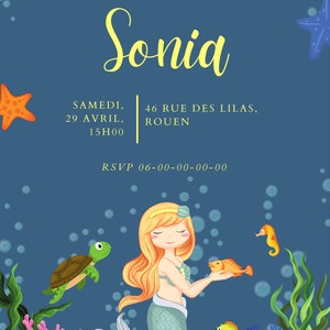 Personalized birthday invitation, customizable birthday invitation to print, mermaid theme child birthday invitation