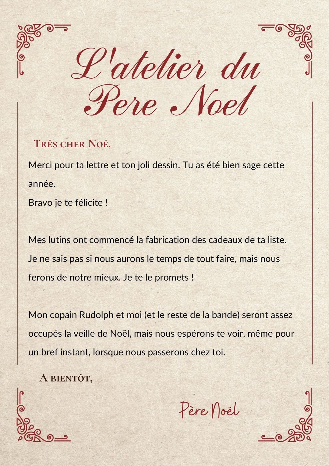 Lettre du père de Noël personnalisable, lettre de réponse du père Noël