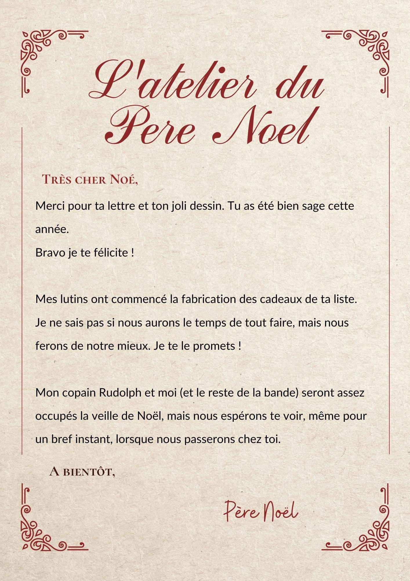 Lettre du père de Noël personnalisable, lettre de réponse du père Noël personnalisée à imprimer
