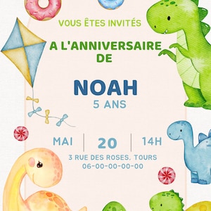 Personalized birthday invitation, customizable birthday invitation to print, dinosaur theme child birthday invitation