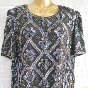 Vintage anni '80 anni '90 Taglia S Kuku Sudi Esprit de Soir Perline Paillettes Seta Nero Top Camicetta Festa Occasioni Speciali Matrimonio Grande Gatsby Raro