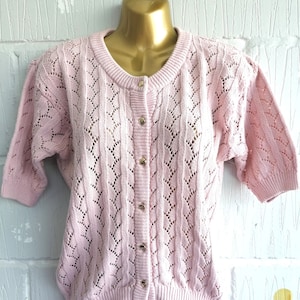 Vintage 80s 90s Andrea Mare Talla S Rosa Crochet Punto Algodón Cardigan Cottage Core Retro Raro