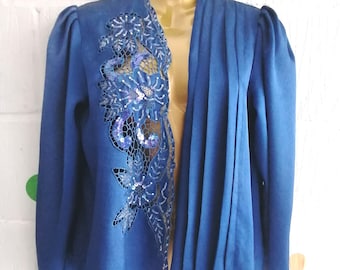 Vintage 80s 90s Size S/M Blue Satin Sequin Beaded Pleated  Blouse Lightweight Jacket