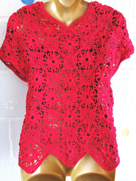 Vintage 90s Y2k Size XS Red Crochet Handmade Knit… - image 5