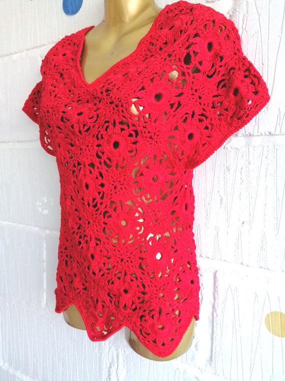 Vintage 90s Y2k Size XS Red Crochet Handmade Knit… - image 3