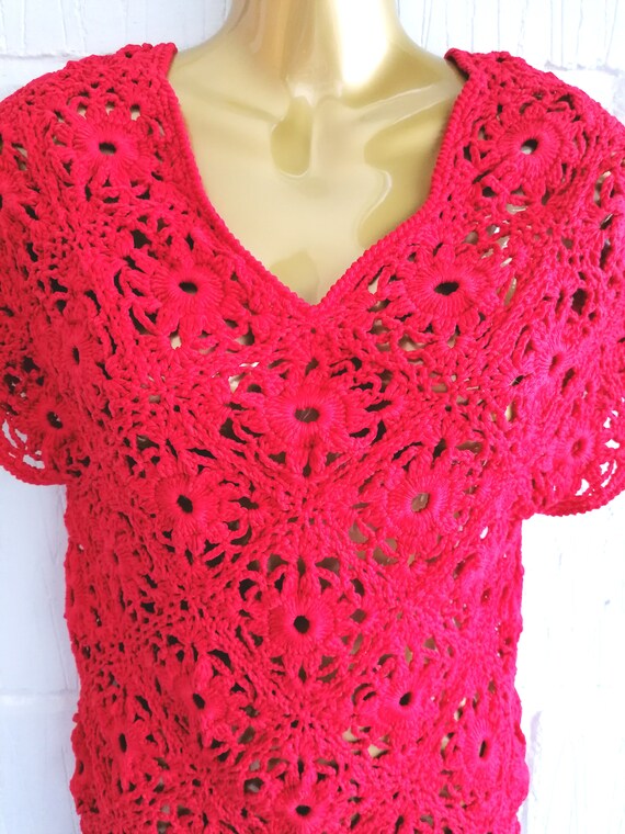 Vintage 90s Y2k Size XS Red Crochet Handmade Knit… - image 2