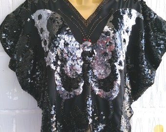 Vintage 80s 90s Size M Sequin Beaded Butterfly Top Blouse Special Event Party Festival