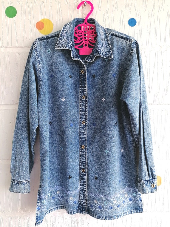 トップス DENIM BLOUSE Vintage 80s 90s Club Z Denim Size S Embroidered Floral Cotton