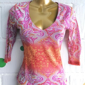 Vintage 90s Rendez Vous Paris Size XS Rare Psychedelic Floral Lined Stretch Top