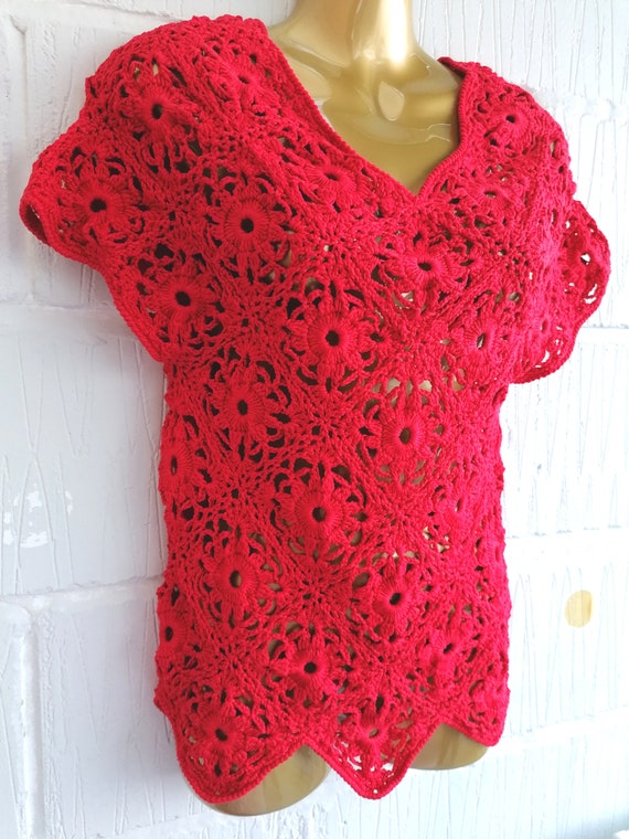 Vintage 90s Y2k Size XS Red Crochet Handmade Knit… - image 4