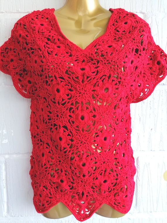 Vintage 90s Y2k Size XS Red Crochet Handmade Knitt