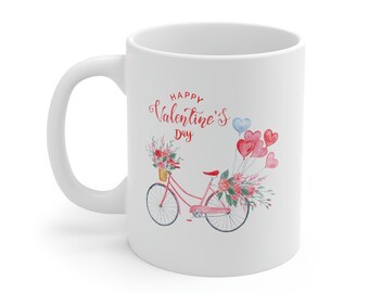 Mug vélo Saint-Valentin 11 oz/fleurs/vélos/fleurs et vélos/amour/amitié/san valentin/cadeau pour elle/elle/boisson chaude