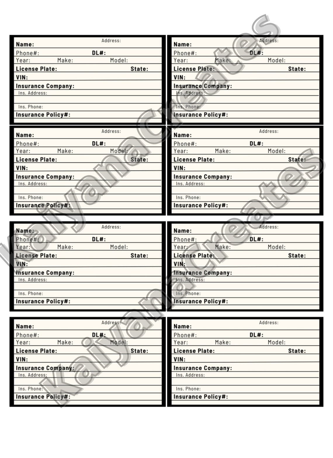 Car Accident Information Exchange Card / Accident Information Card