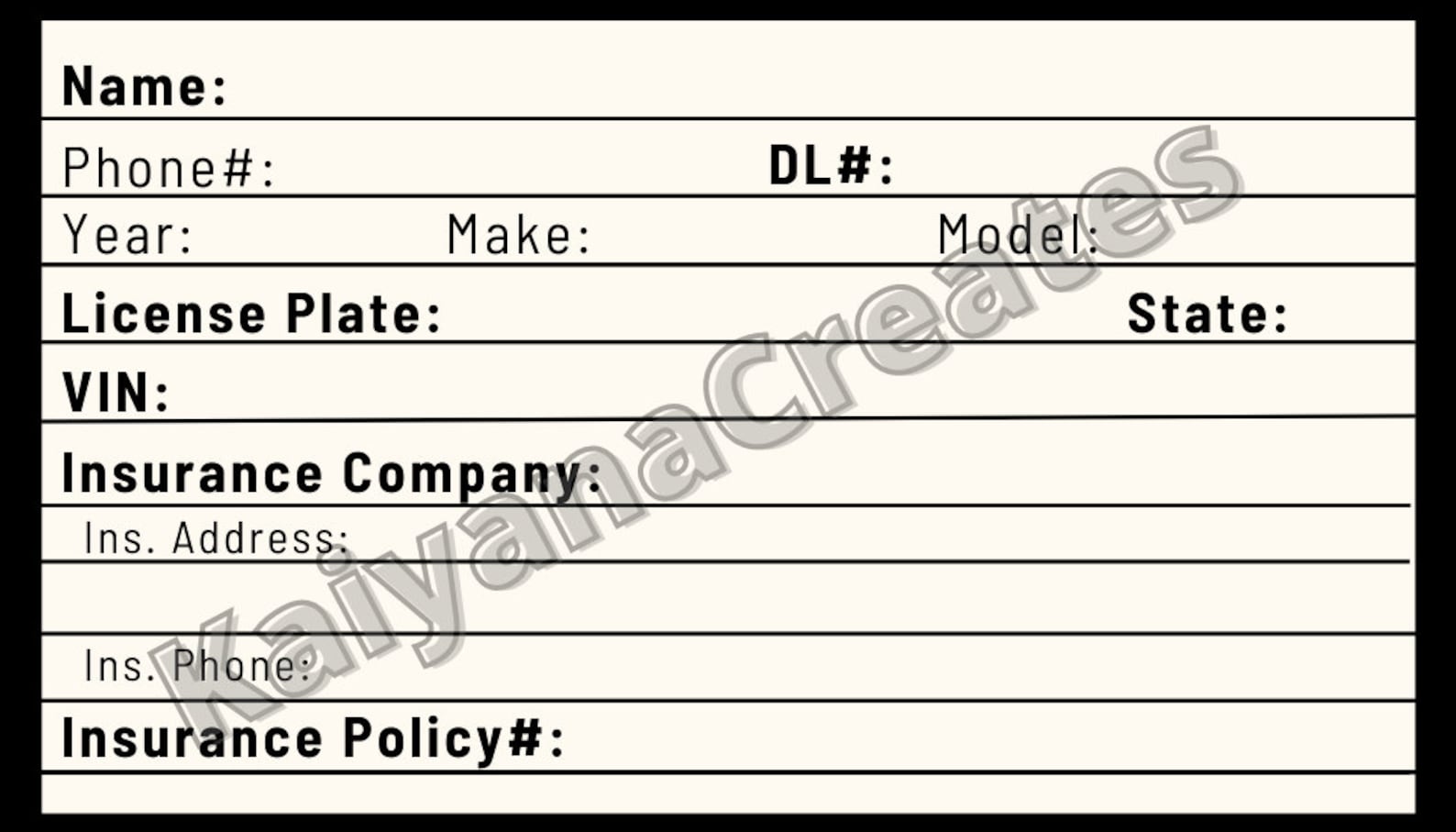Car Accident Information Exchange Card / Accident Information Card