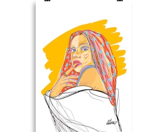 Illustration, woman, portrait, flower hair, shawl, classic, beautiful