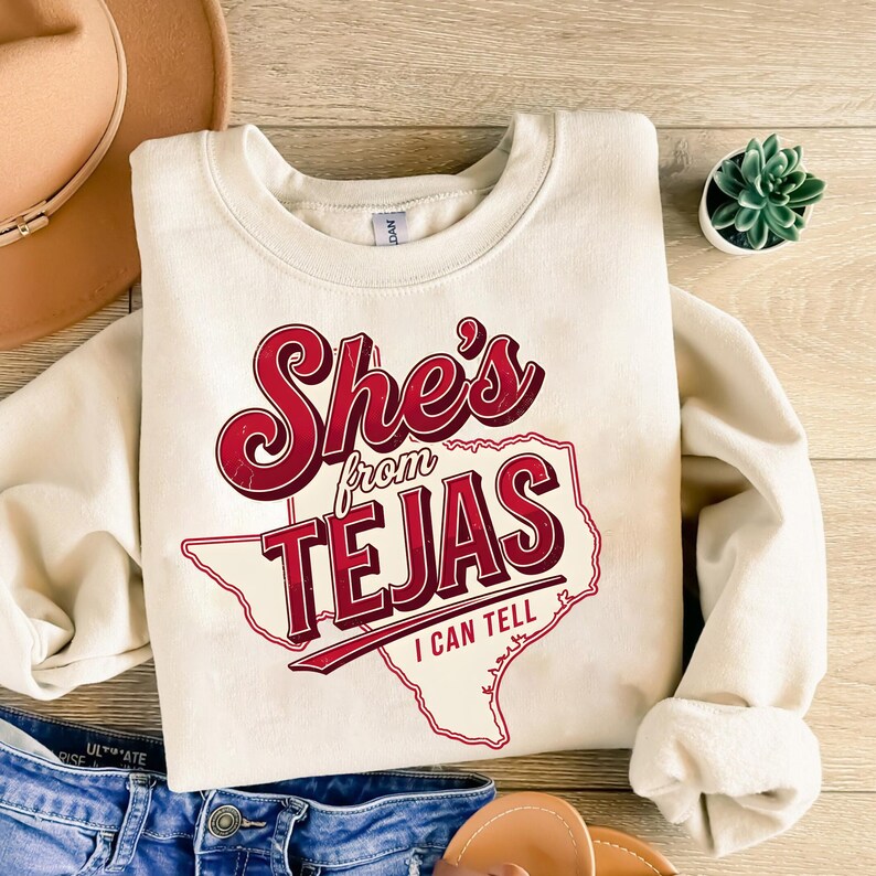 She's From Tejas digital graphic for tumblers, hoodies, and tote bags — clean lines on light or dark fabric