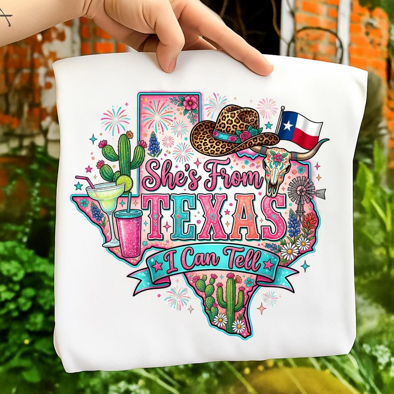 Looking for a western shirt design? She's From Texas I Can Tell delivers a print-ready PNG with crisp lines