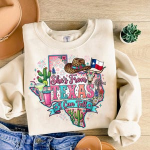 She's From Texas I Can Tell digital graphic for tumblers, hoodies, and tote bags — clean lines on light or dark fabric