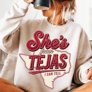 She's From Tejas PNG file — works with DTF, HTV, and direct-to-garment printing on shirts and mugs