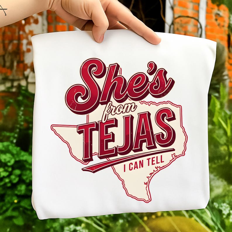 Looking for a western shirt design? She's From Tejas delivers a print-ready PNG with crisp lines