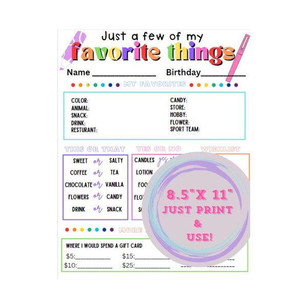 A Few of My Favorite Things Printable Etsy