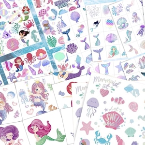 May include: A set of colorful mermaid themed stickers featuring mermaids, seashells, starfish, jellyfish, and other ocean creatures. The stickers are perfect for decorating journals, planners, laptops, water bottles, and more.