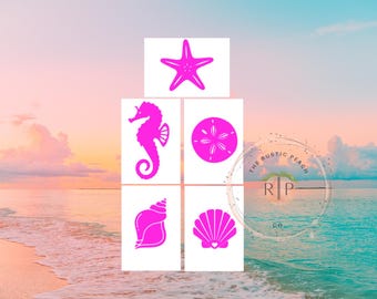 Sea Shells Vinyl Decal 5 Pack: Ocean Beach Sand Dollar, Conch, Starfish, Seahorse Decals