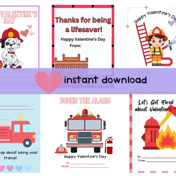 Firetruck Valentine Cards - PRINTABLE - Firefighter - Fireman - Fire Engine - Boy Classroom - Preschool Valentines