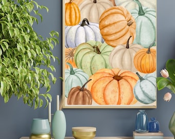 May include: A rectangular wall art print featuring a watercolor illustration of numerous pumpkins in various shades of orange, white, light green, and brown. The pumpkins are arranged in a dense, overlapping composition within a thin wooden frame.