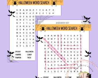 Op de afbeelding: Halloween-thema woordzoeker printbaar met een antwoordsleutel. Het ontwerp heeft een paarse achtergrond met spinnenwebben, vleermuizen en de woorden "Halloween Word Search". Bevat woorden als "spooky", "vampire" en "pumpkin".