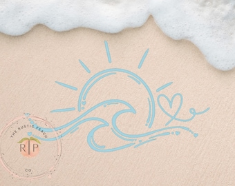 Pegatina de sol y olas de playa / Vinilo decorativo de corazón costero / Pegatina para coche para amantes del océano / Pegatina minimalista para ventana con puesta de sol en la playa / Regalo costero