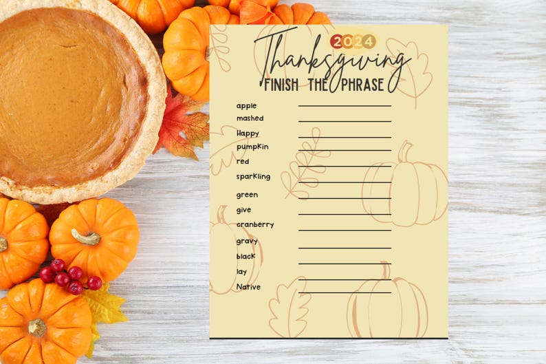 Thanksgiving Finish the Phrase Game, Fun Easy Friendsgiving Mind Match
