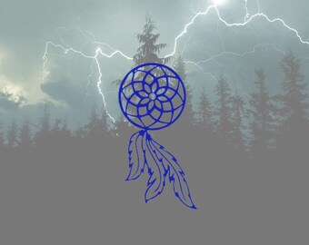 May include: A blue dreamcatcher with feathers hanging from the bottom, set against a backdrop of a stormy sky and a silhouette of a forest.