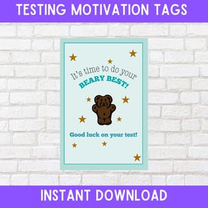 Puede incluir: Una etiqueta de motivación imprimible azul y blanca con una ilustración de oso marrón y el texto "It's time to do your BEARY BEST! Good luck on your test!"